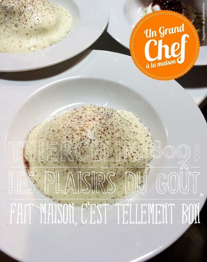 CAPPUCINO DE POMME DE TERRE À LA TRUFFE, œuf poché et vinaigrette porto, fait maison