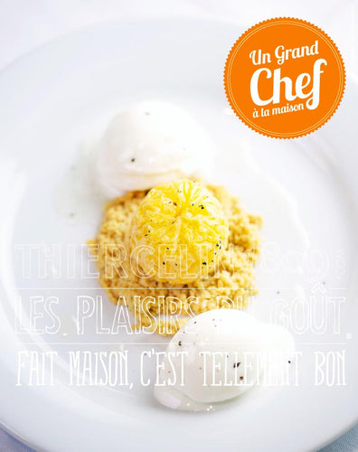 LA CLÉMENTINE, pochée à la vanille, quenelle de sorbet fromage blanc au poivre Timut du Népal fait maison