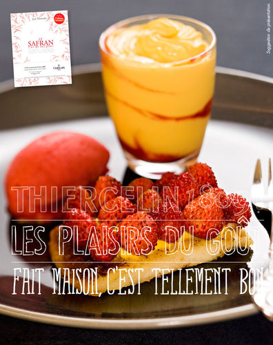 FRAISES DES BOIS, mousse de lait au safran, pain perdu, quenelle de sorbet de maras des bois fait maison