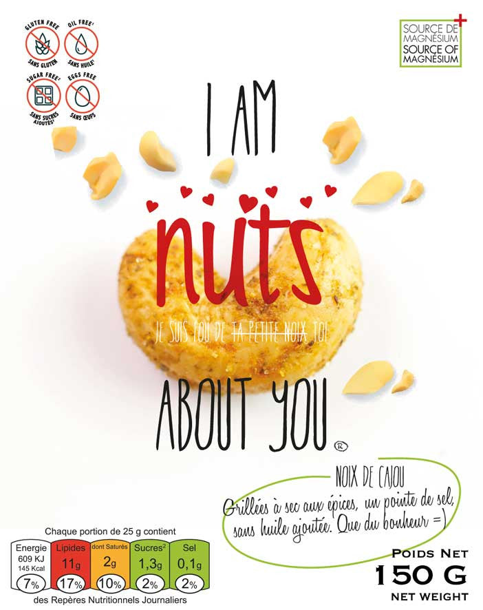 I AM NUTS ABOUT YOU®, noix de cajou, calibre extra toastées et aromatisées au naturel