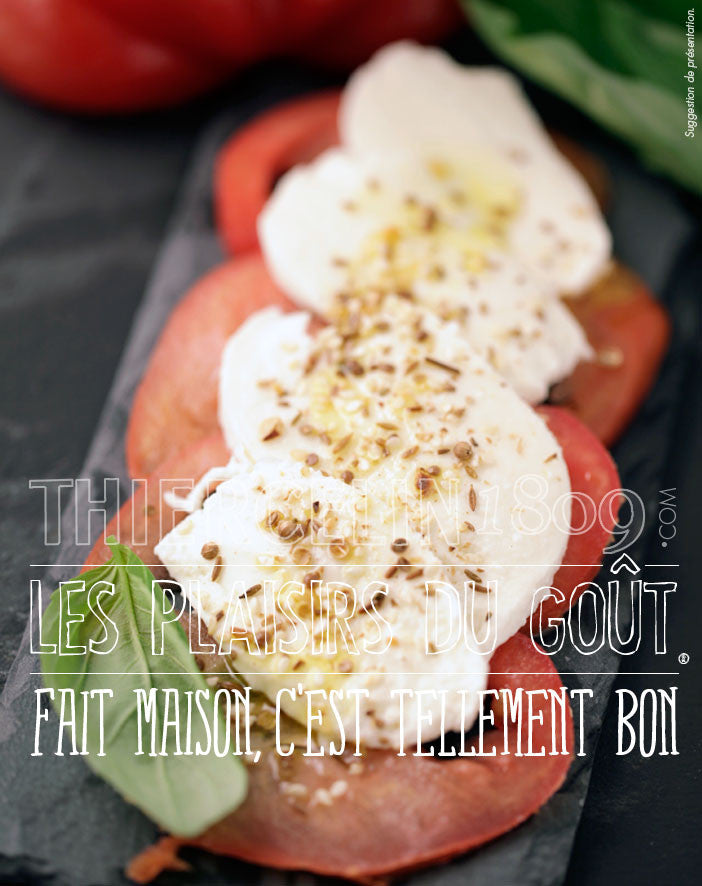TOMATES MOZZARELLA, huile d'olive au Basilic et Pharaon Dukkah® fait maison